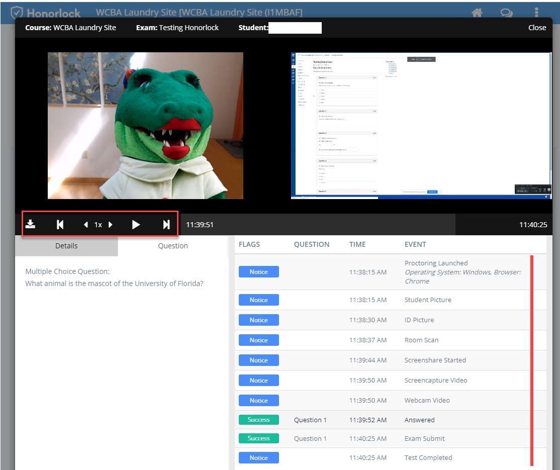 Screenshot of exam video review interface